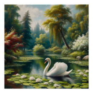 White Swan on Lake Impressionism Decoupage Poster