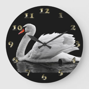 White Swan on Lake Large Clock