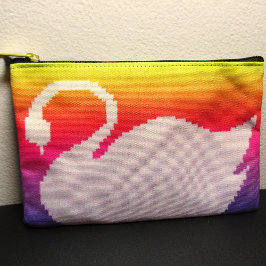 White Swan Pastel Rainbow Artisan Crochet Print    Accessory Pouch