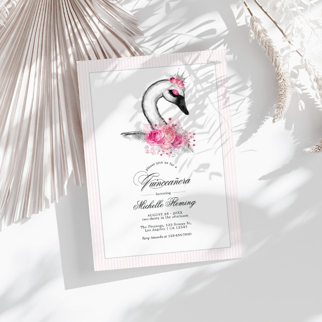 White Swan Pink Floral Quinceañera Photo Invitation (White Swan Pink Floral Quinceañera Photo Invitation)