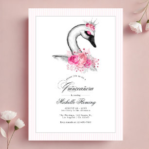 White Swan Pink Floral Quinceañera Photo Invitation
