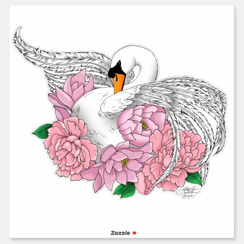 White Swan Pink Flowers Sticker