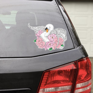 White Swan Pink Flowers Sticker