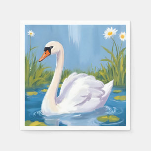 White Swan Pond Watercolor Bird Painting Napkins
