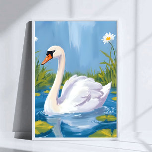 White Swan Pond Watercolor Bird Painting Poster