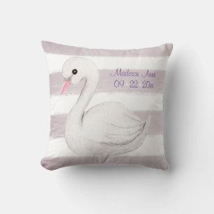 White Swan Purple Script Personalize Girl Birth Throw Pillow