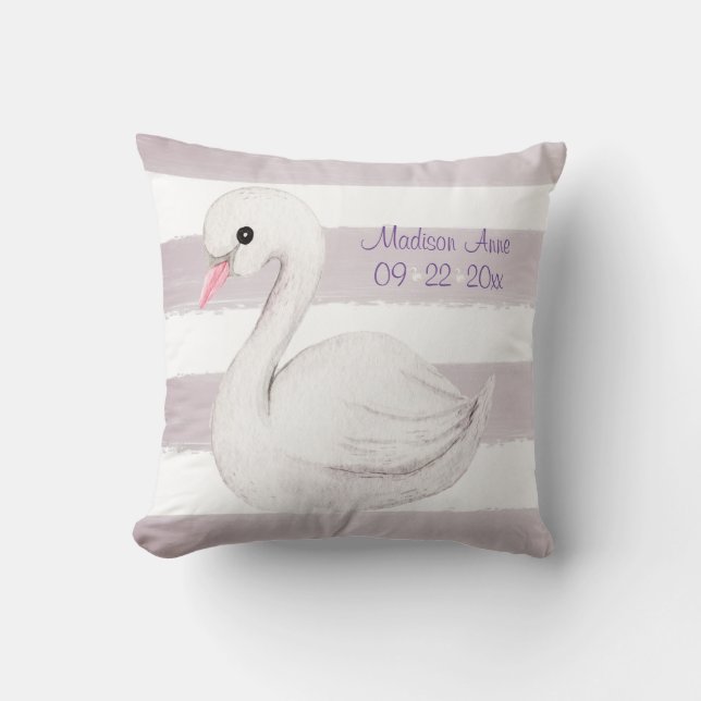White Swan Purple Script Personalize Girl Birth Throw Pillow (Front)