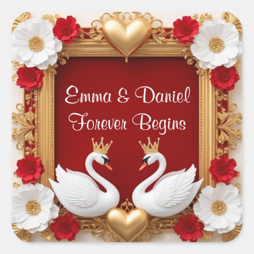  White Swan Red Gold Romantic Wedding Theme 廉 Square Sticker