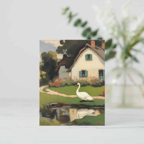 White Swan Standing in Front of a Cottage Postcard