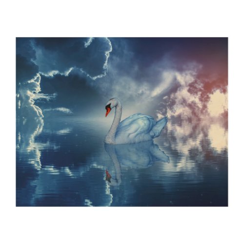 White Swan Swimming in a Fantasy Heavenly Lake Wood Wall Art