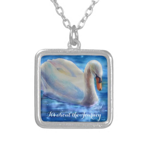 White swan watercolor painting its the journey silver plated necklace