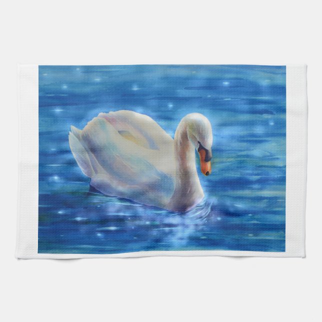 White swan watercolor painting kitchen towel (Horizontal)