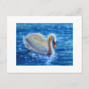 White swan watercolor painting postcard