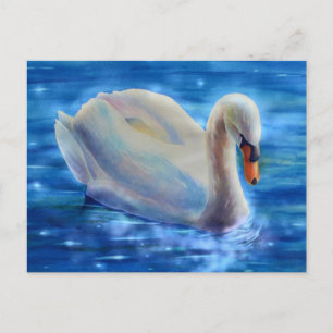 White swan watercolor painting postcard