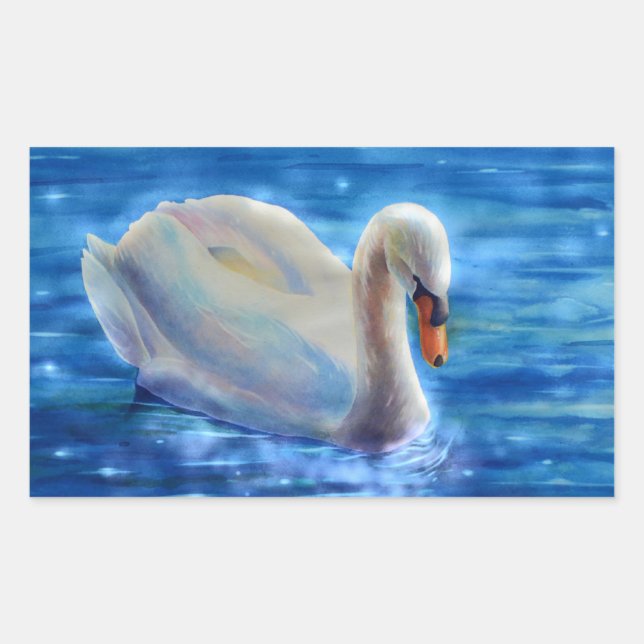 White swan watercolor painting rectangular sticker (Front)