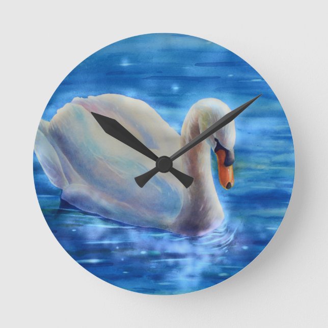 White swan watercolor painting round clock (Front)