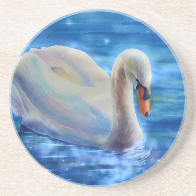 White swan watercolor painting sandstone coaster (Front)