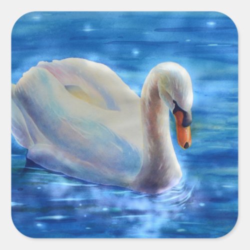 White swan watercolor painting square sticker