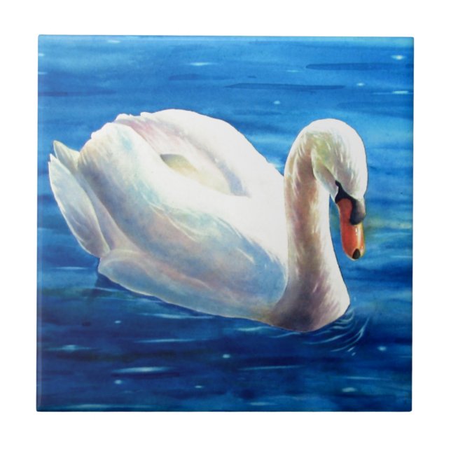 White swan watercolor painting, waterfowl, bird ceramic tile (Front)