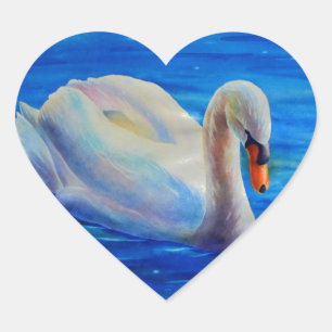 White swan watercolor painting, waterfowl, bird heart sticker