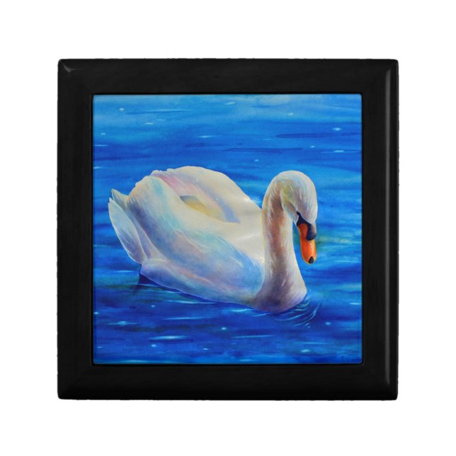 White swan watercolor painting, waterfowl, bird jewelry box (Front)
