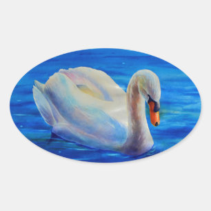White swan watercolor painting, waterfowl, bird oval sticker