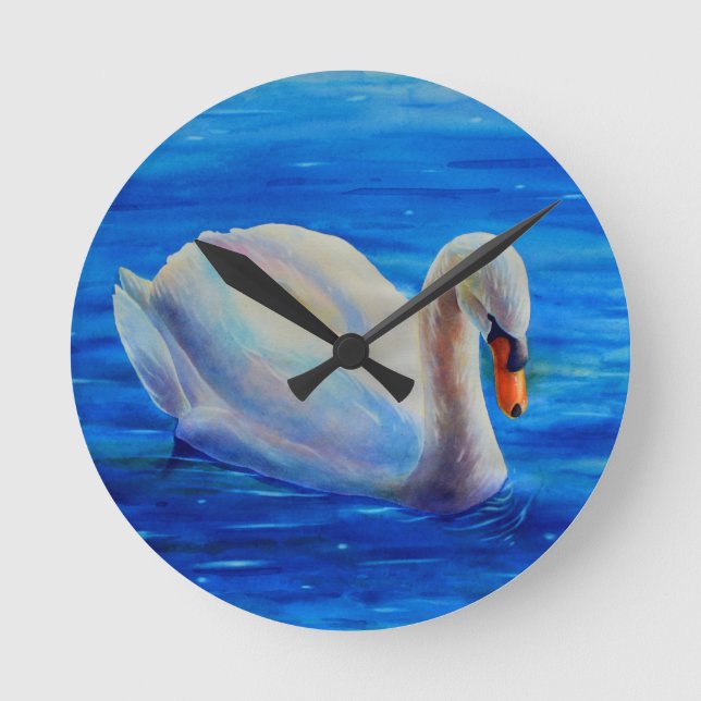 White swan watercolor painting, waterfowl, bird round clock (Front)