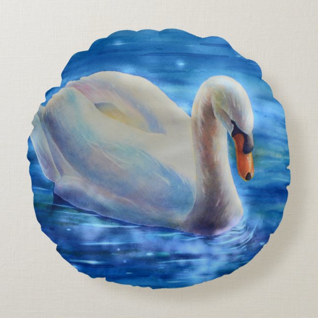 White swan watercolor painting, waterfowl, bird round pillow (Front)