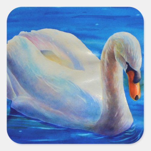 White swan watercolor painting waterfowl bird square sticker