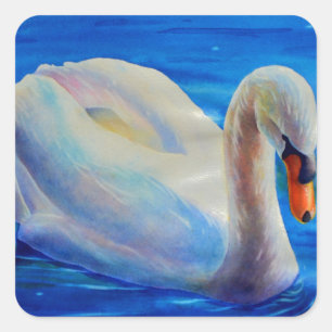 White swan watercolor painting, waterfowl, bird square sticker