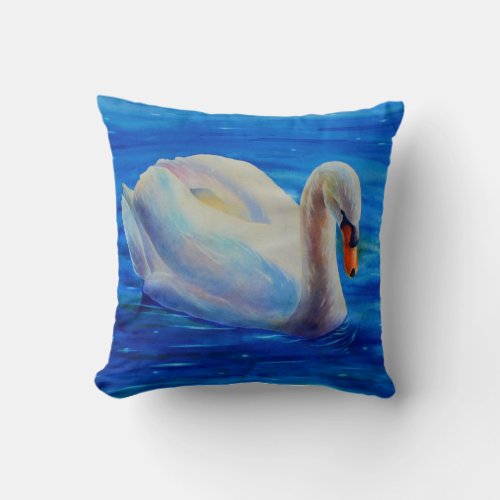 White swan watercolor painting waterfowl bird throw pillow