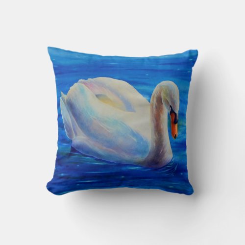 White swan watercolor painting waterfowl bird throw pillow