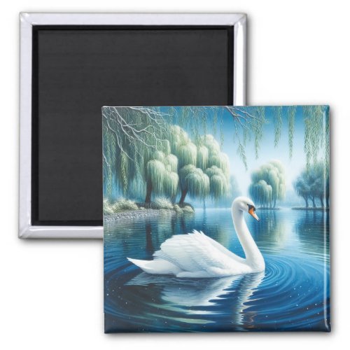 White Swan Weeping Willows Watercolor Art Magnet
