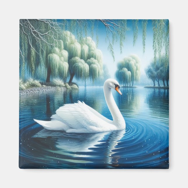 White Swan Weeping Willows Watercolor Art Magnet (Front)