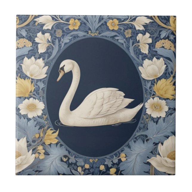 White Swan William Morris style Left facing Bird Ceramic Tile (Front)