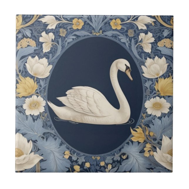 White Swan William Morris style Right facing Bird Ceramic Tile (Front)