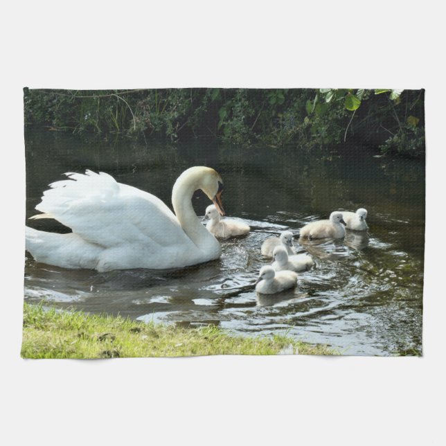 White Swan with Chicks Kitchen Towel (Horizontal)