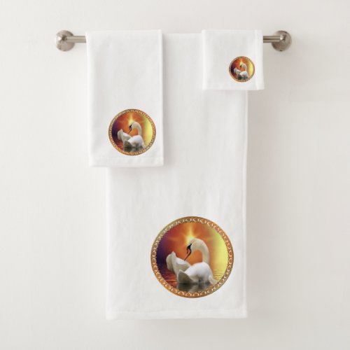 White Swan with gold and orange backdrop Bath Towel Set