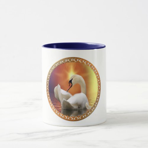 White Swan with gold and orange backdrop Mug