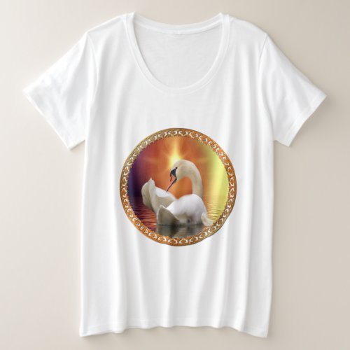 White Swan with gold and orange backdrop Plus Size T_Shirt
