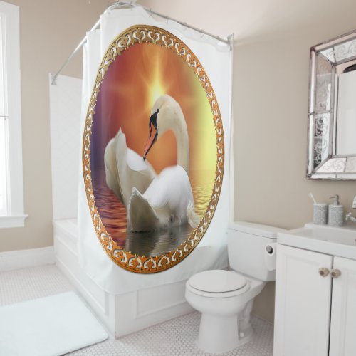 White Swan with gold and orange backdrop Shower Curtain