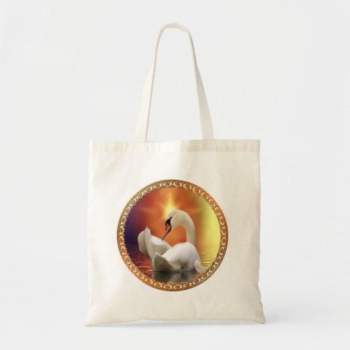 White Swan with gold and orange backdrop Tote Bag