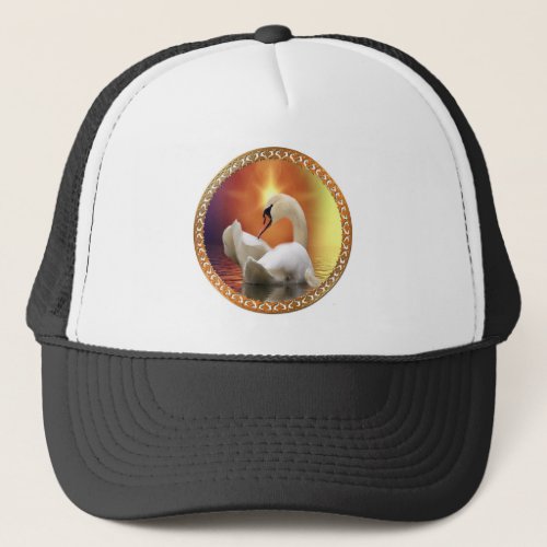 White Swan with gold and orange backdrop Trucker Hat