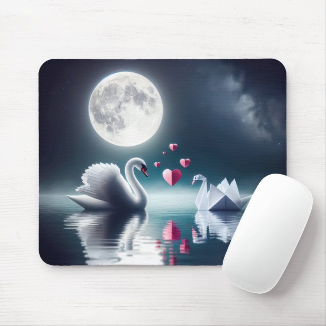 White Swan With Origami Bird Mouse Pad (With Mouse)