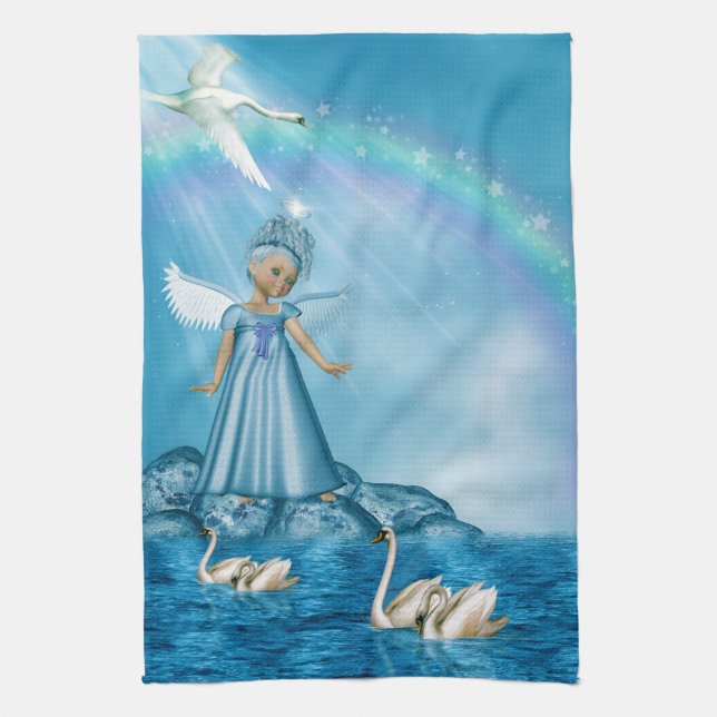 White Swans And Angel Kitchen Towel (Vertical)