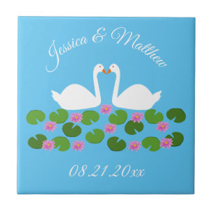 White Swans and Water lilies Wedding Custom Ceramic Tile
