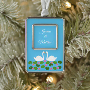 White Swans and Water lilies Wedding Custom Christmas Ornament