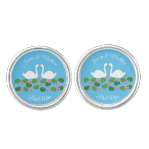 White Swans and Water lilies Wedding Custom Cufflinks