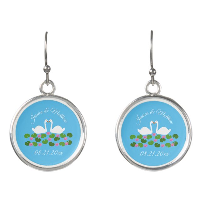 White Swans and Water lilies Wedding Custom Earrings (Front)