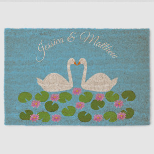 White Swans and Water lilies Wedding Custom Fiber Doormat